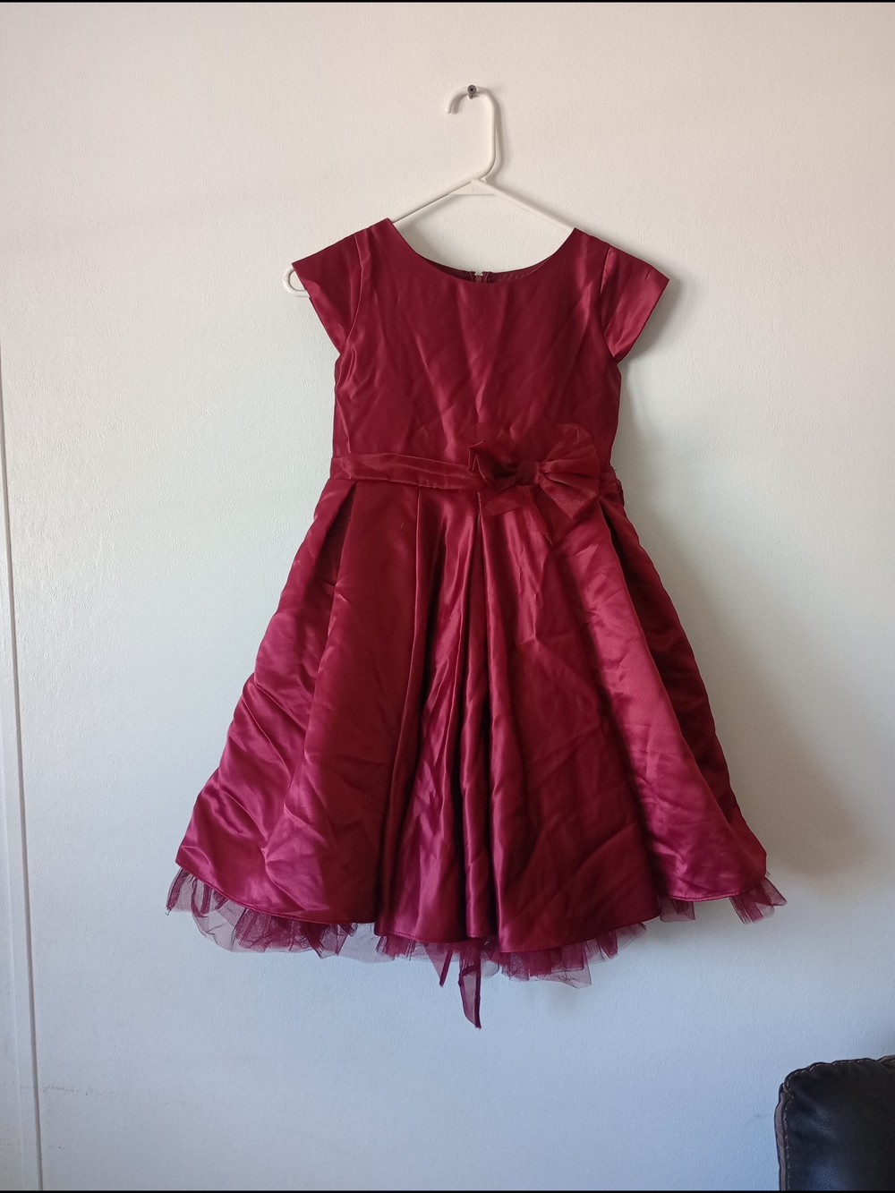 Girls' Burgundy Satin Fit-and-Flare Party Dress with Bow Sz. 10